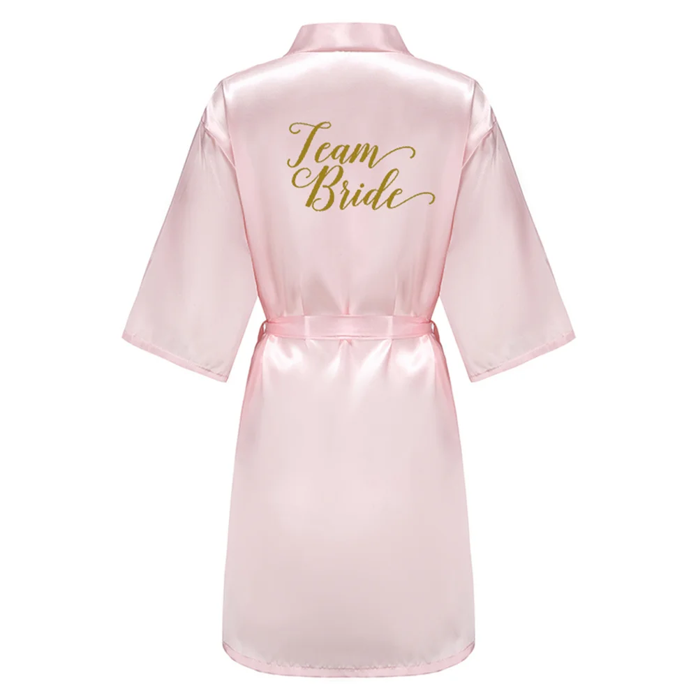 Wedding Party Bridesmaid Maid of Honor Robe With Gold Writing Letter Women Lady Pink Satin Bathrobe Kimono