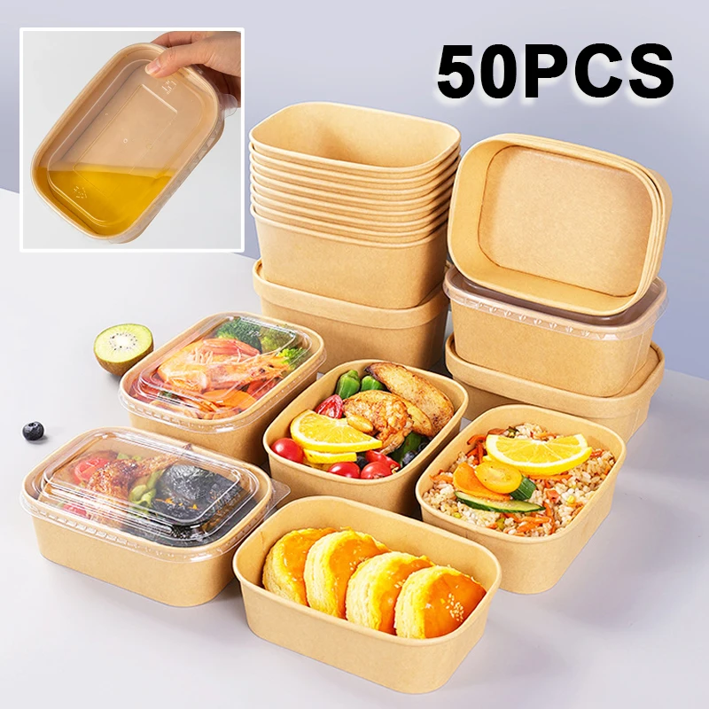Kraft Salad Bow50PCS Kraft Paper Disposable Bowls with Lids Microwave Safe Leakproof Soup Salad Noodles Takeaway Bento Lunch Box
