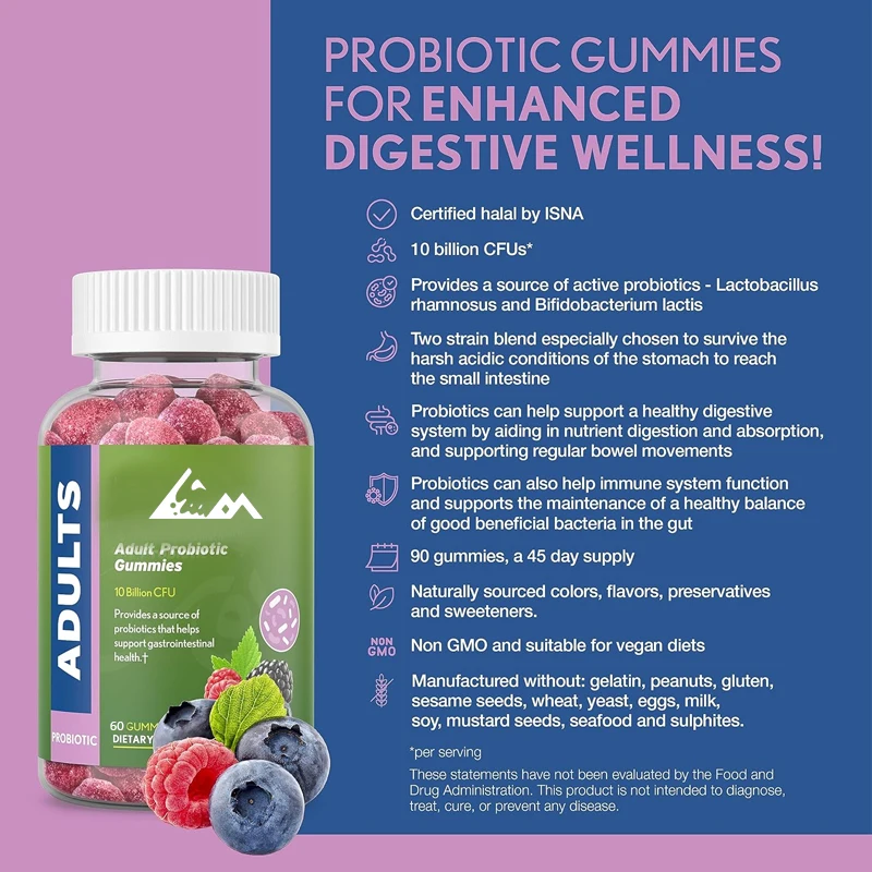 

Halal probiotic gummies, containing 10 billion colony units of probiotics; Non genetically modified, vegetarian