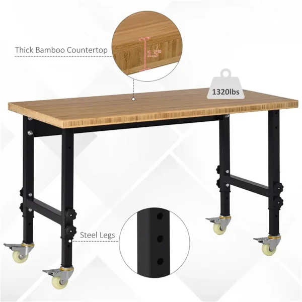 

ZK30 47" Garage Work Bench with Wheels, Height Adjustable Legs, Bamboo Tabletop Workstation Tool Table