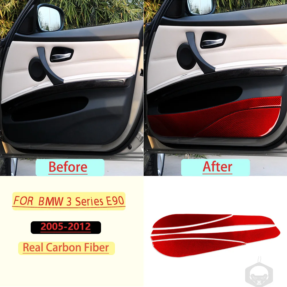 For BMW 3 Series E90 2005-2012 Car Rear Door Window Trim Red Real Soft Carbon Fiber Interior Accessories Decoration Stickers