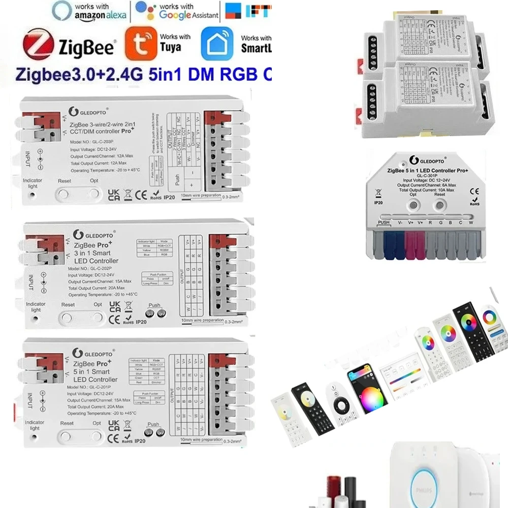 

Контроллер светодиодных лент Gledopto Zigbee3.0 5-в-1, 10-20А, RGBCCT/RGBW/RGB/CCT/DM, с поддержкой PUSH, Alexa, Tuya Smart App, 2.4RF, голосовое управление, пульт ДУ