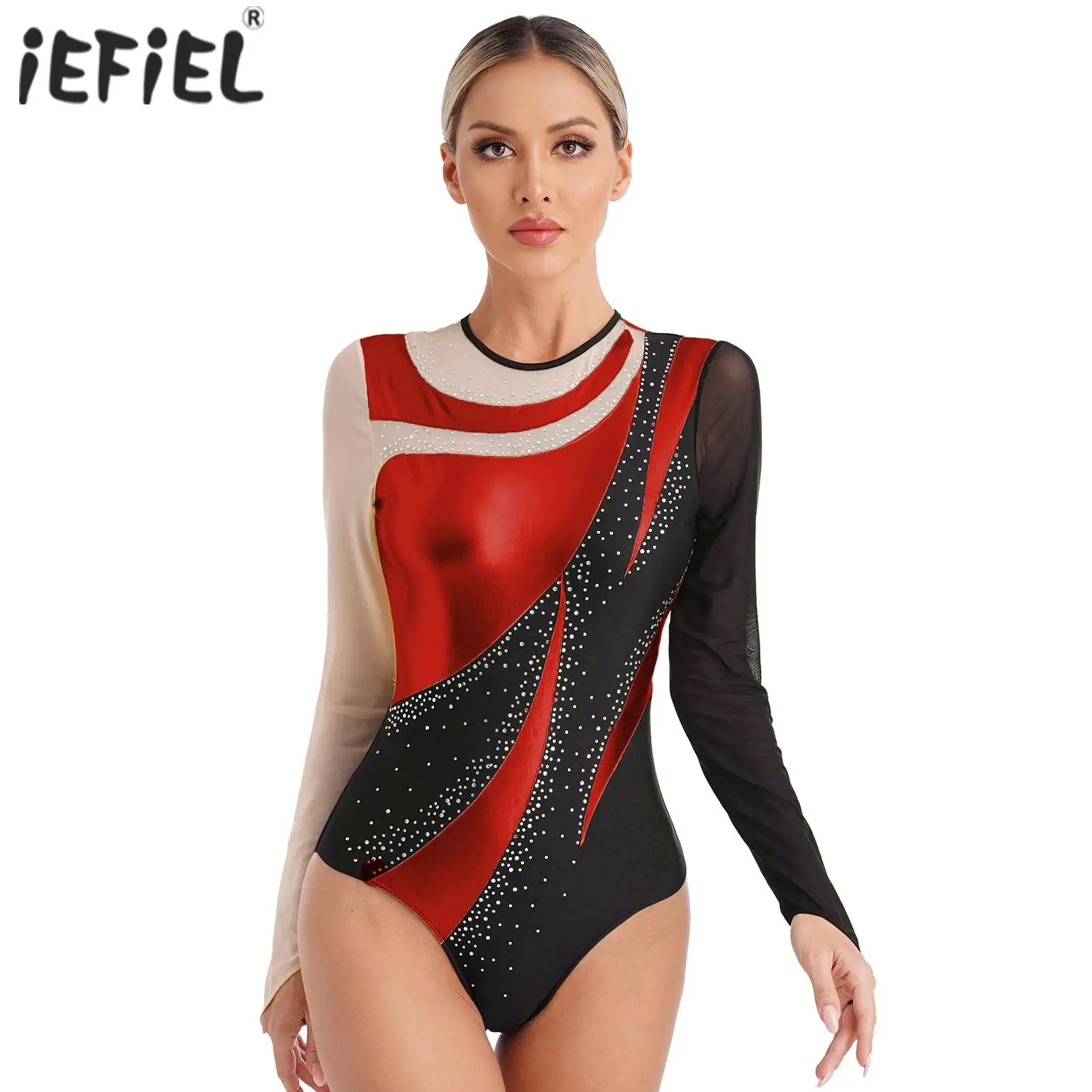 

Womens Gymnastics Unitards Ballet Dance Jumpsuits for Figure Skating Metallic Sheer Mesh Long Sleeve Dance Performance Costumes
