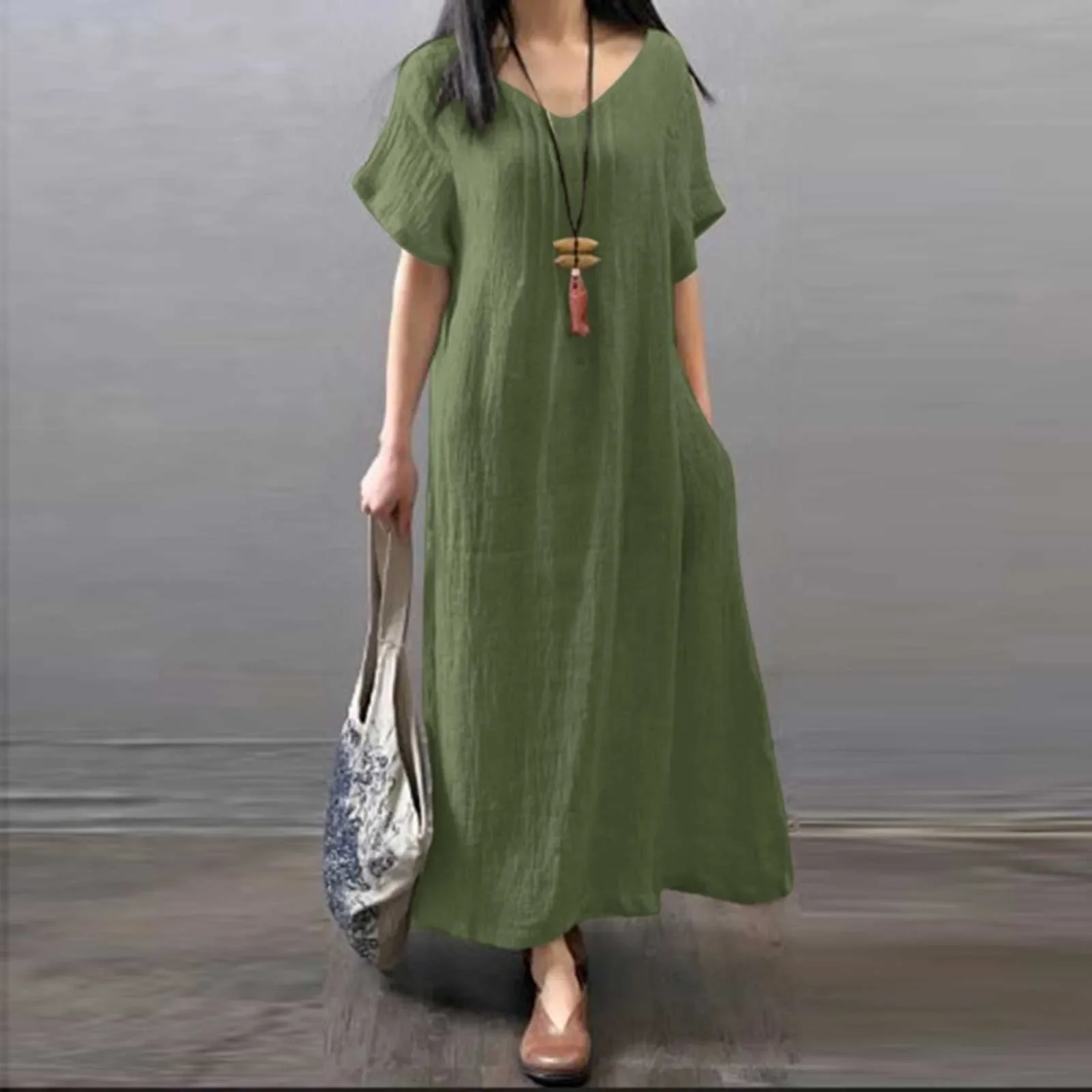 

Summer Solid Short Sleeve Dress Women V-Neck A Line Loose Dresses Party Robe Holiday Fashion Sundress Vestidos Oversize 2024