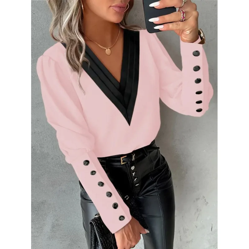 Women's Elegant Button-Up Shirt - Solid Color Blouse, Stretchy Long Sleeve Button Front Top, Sophisticated Tailoring