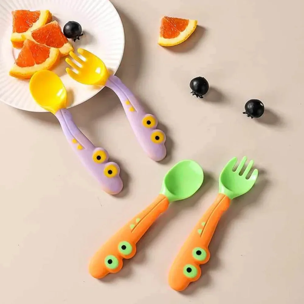 Cute Cartoon Baby Children Spoon Fork Set Soft Bendable Scoop Kit Tableware Toddler Training Feeding Cutlery Utensil BPA Free