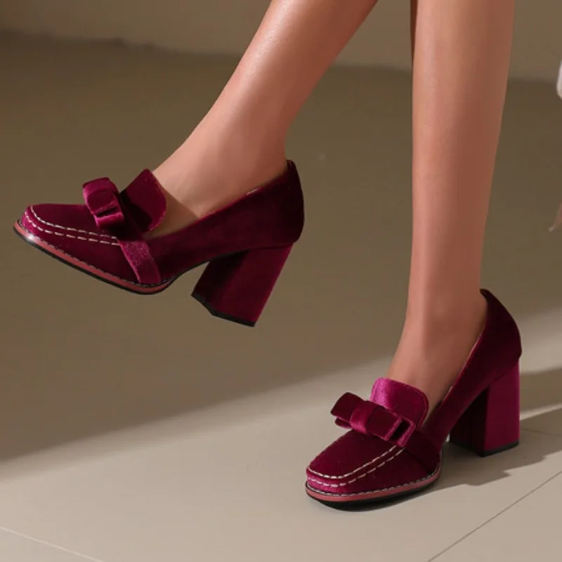 2025 Matte Velvet Material Square Toe Car Stitching Bow Decal Shallow Women's Pumps Super High Thick Heel Elegant Noble Shoes