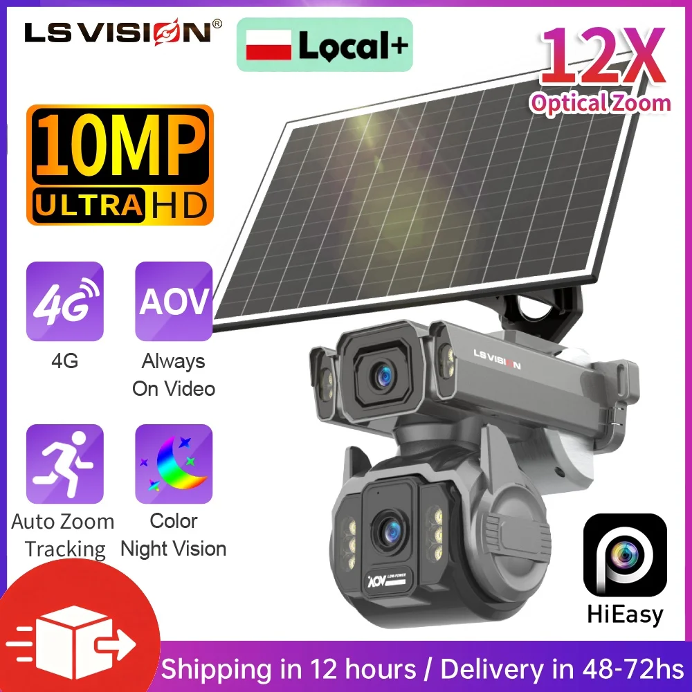 Caméra de surveillance extérieure LS VISION 10MP avec zoom optique 12X, caméra solaire 4G Cloud SIM, double écran, panneau 10W, PTZ CCTV, enregistrement vidéo 24/7, suivi automatique par IA, caméras de sécurité