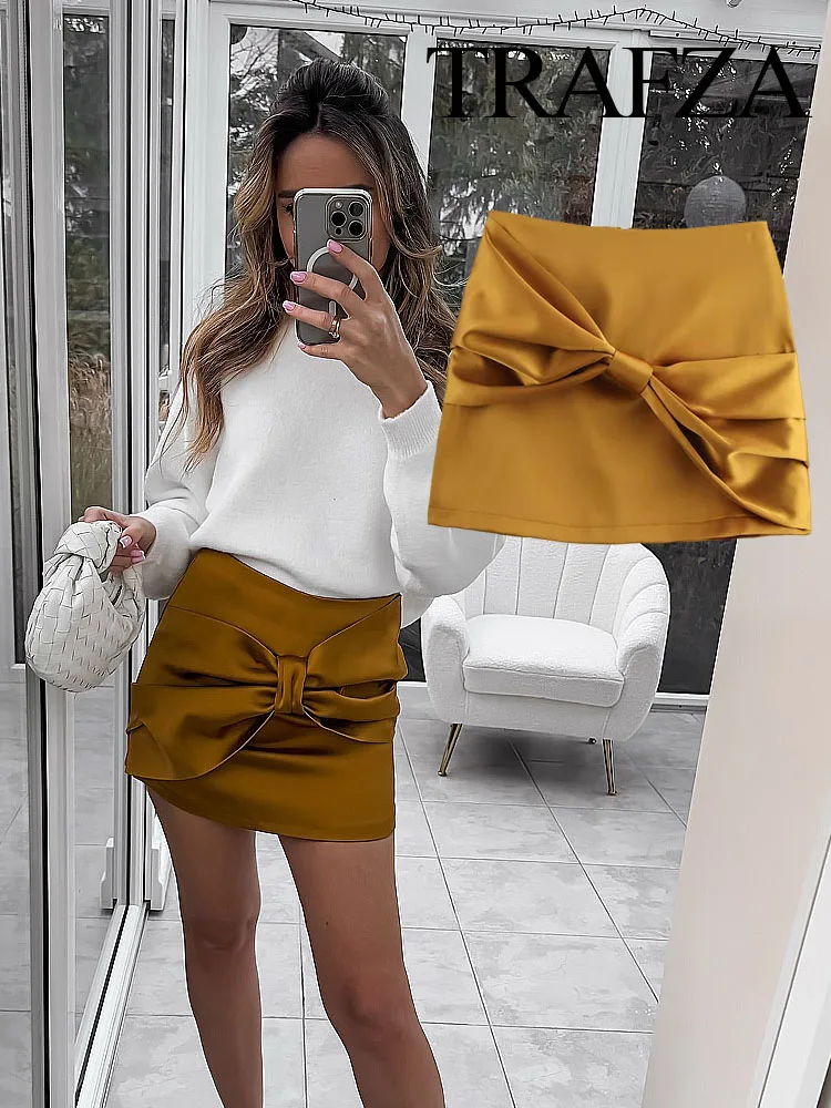 TRAFZA Women Summer New Fashion Short Skirt Solid High Waist Bow Decorate Zipper Skirts Female High Street Slim Mini Skirts