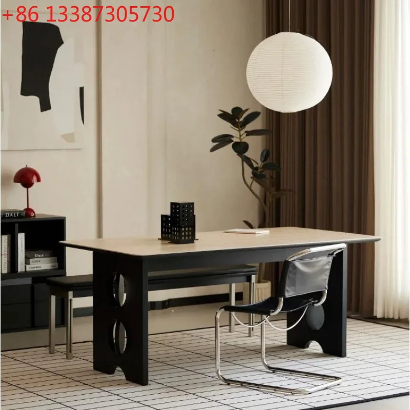 

French medieval solid wood rock slab dining table modern simple travertine home