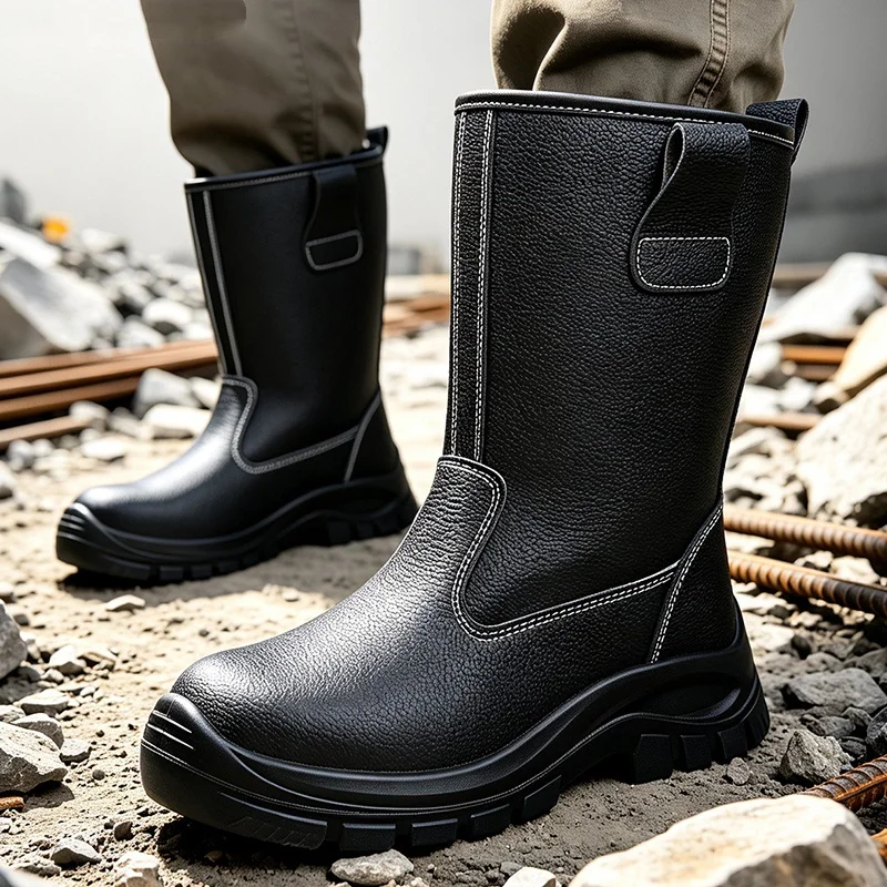 men fashion steel toe caps working safety boots slip-on soft leather tooling security shoes worker high botas protect footwear