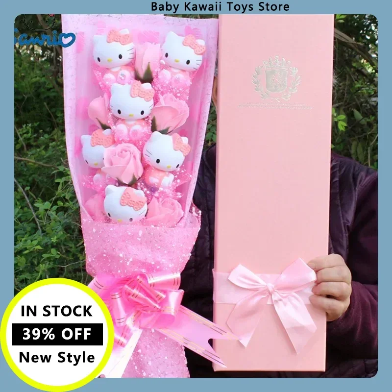 

Stock Hello Kitty Plush Stuffed Doll Bouquet Cute Soap Flower Gift Box Rose Flower Cartoon Bouquet Valentine Day Birthday Gift