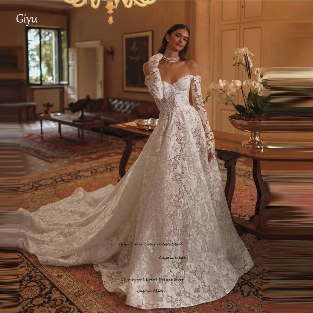 Giyu-Robes de mariée A-ligne en dentelle à manches longues, robes de mariée personnalisées, patients de train de balayage lancés, quelle que soit la robe éducative