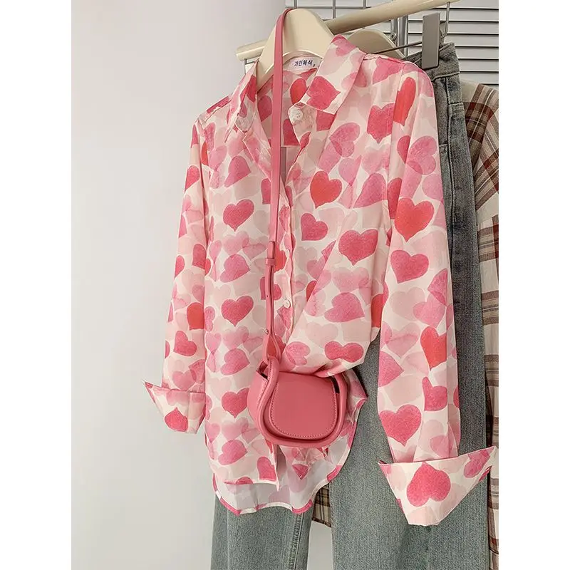 

Refreshing Pink Printing Shirt Lady Fashion Spring 2026 Loose Comfort Table Westernization Chiffon Long Sleeved All Match Tops