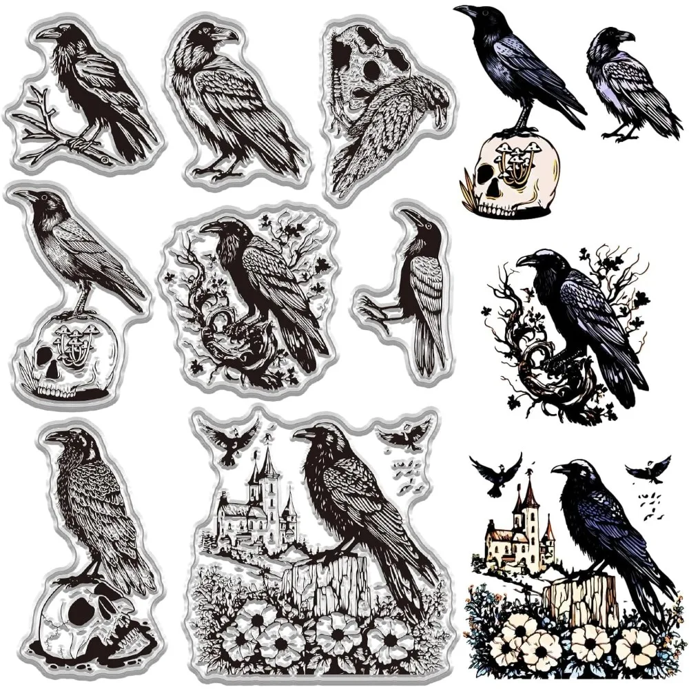 Rabenkrähe, transparenter Stempel für Halloween, Kartenherstellung, Vogelschädel, Knochen, Gothic-Gummi, wiederverwendbar, transparentes Siegel für Umschläge