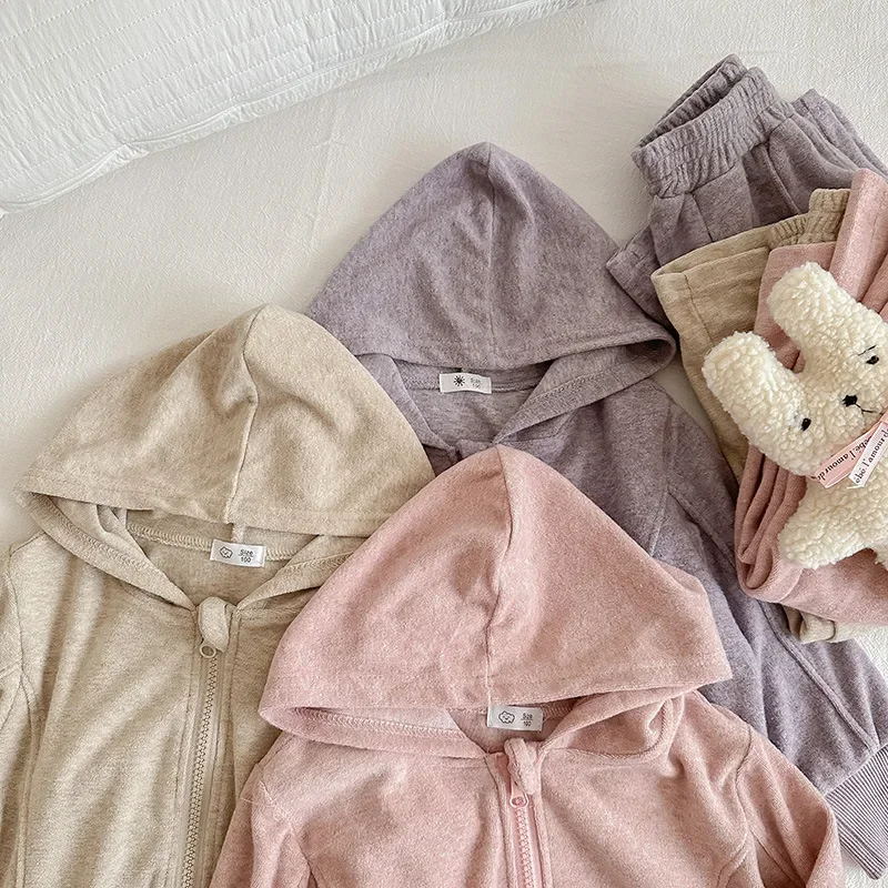 Set per bambini ragazza autunno nuovo maglione con cappuccio bambino maniche lunghe alla moda semplice 2024 punto aperto cerniera solida allentata