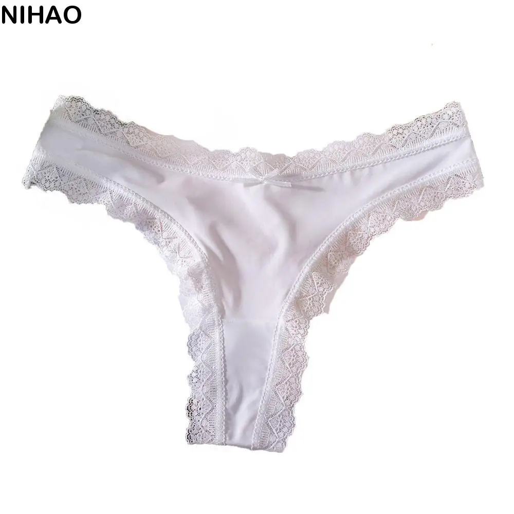 

Breathable Seamless Ice Silk Panties Thong Cotton Crotch Lace Bow Briefs Underwear Low Waist Women's Summer Panties Lady