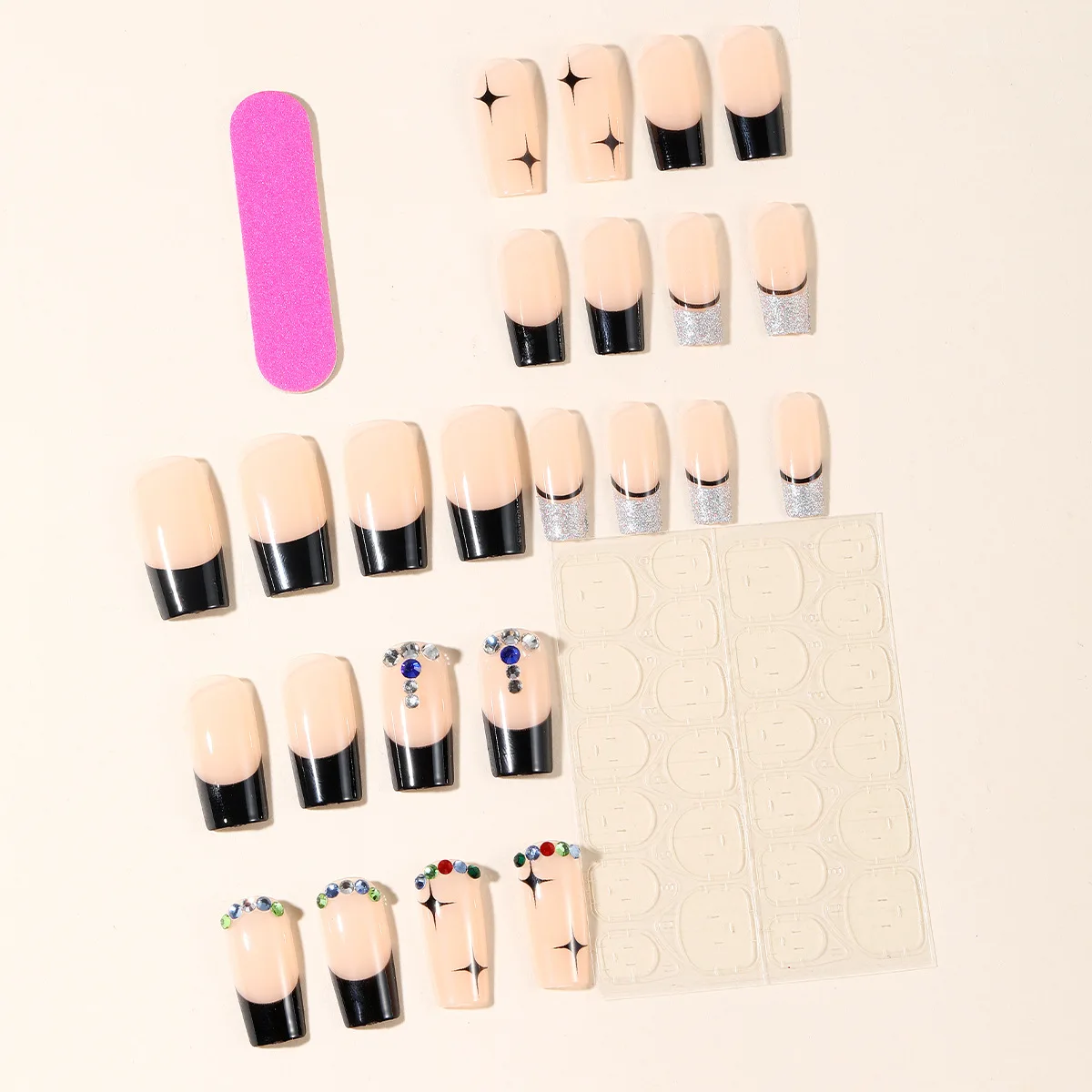 24個入り グリッターフレンチプレスオンフェイクネイル シンプルブラックスター カラフルラインストーン付き ミディアムスクエア付け爪 インスタイルネイル