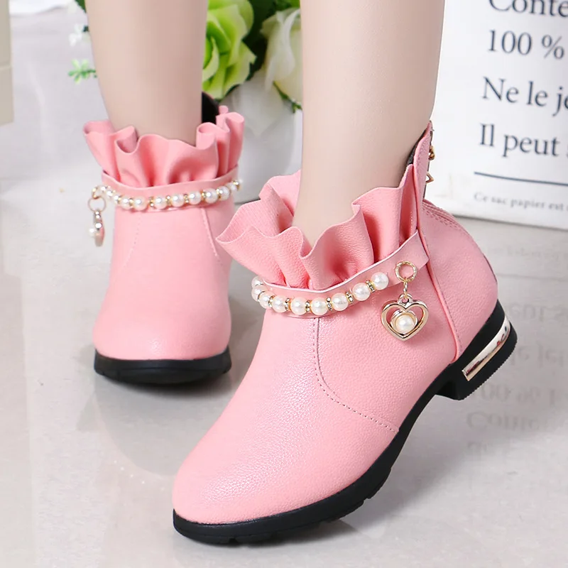 Girls Ankle Boots 2022 New Autumn And Winter Fashion Lotus Leaf Lace Beaded Zip Beautiful Princess Non-Slip Children Warm Plush