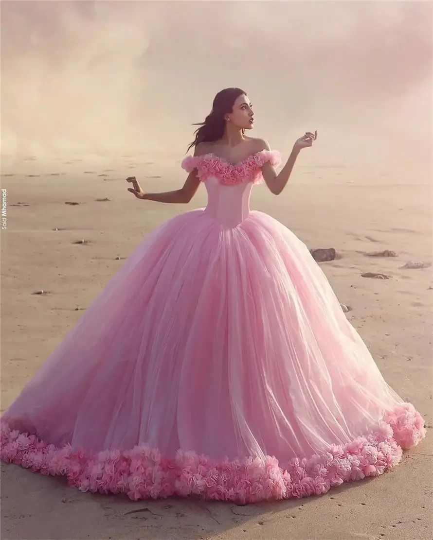 Maßgeschneiderte Hot Pink Cloud 3D-Blumen-Rosen-Kleider, langer Tüll, geschwollene Rüschen, Robe de Mariage, Brautkleid, Said Mhamad Wedding