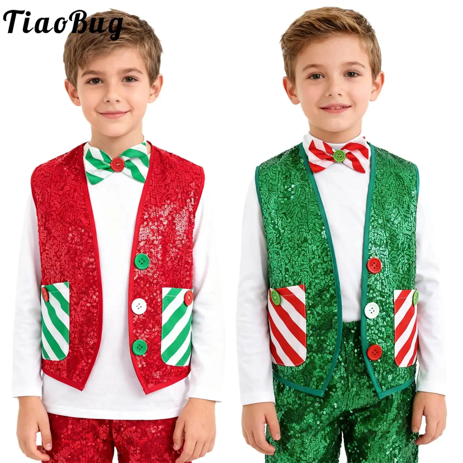 الأولاد عيد الميلاد قزم سانتا زي صدرية سباركلي الجاز اللاتينية ديسكو ملابس الرقص بلايز بلا أكمام الترتر سترة مع ربطة القوس فيونكة #1