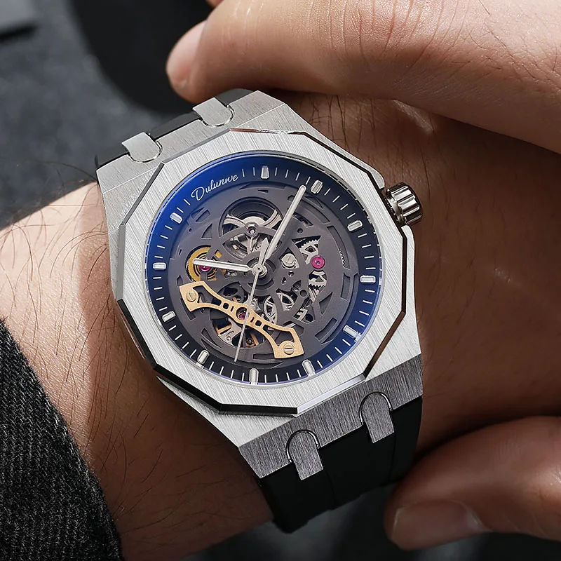 Dulunwe Men Automatic Mechanical Watch Octagonal Skeleton Dial Steel Strap Luminous Waterproof Wristwatch