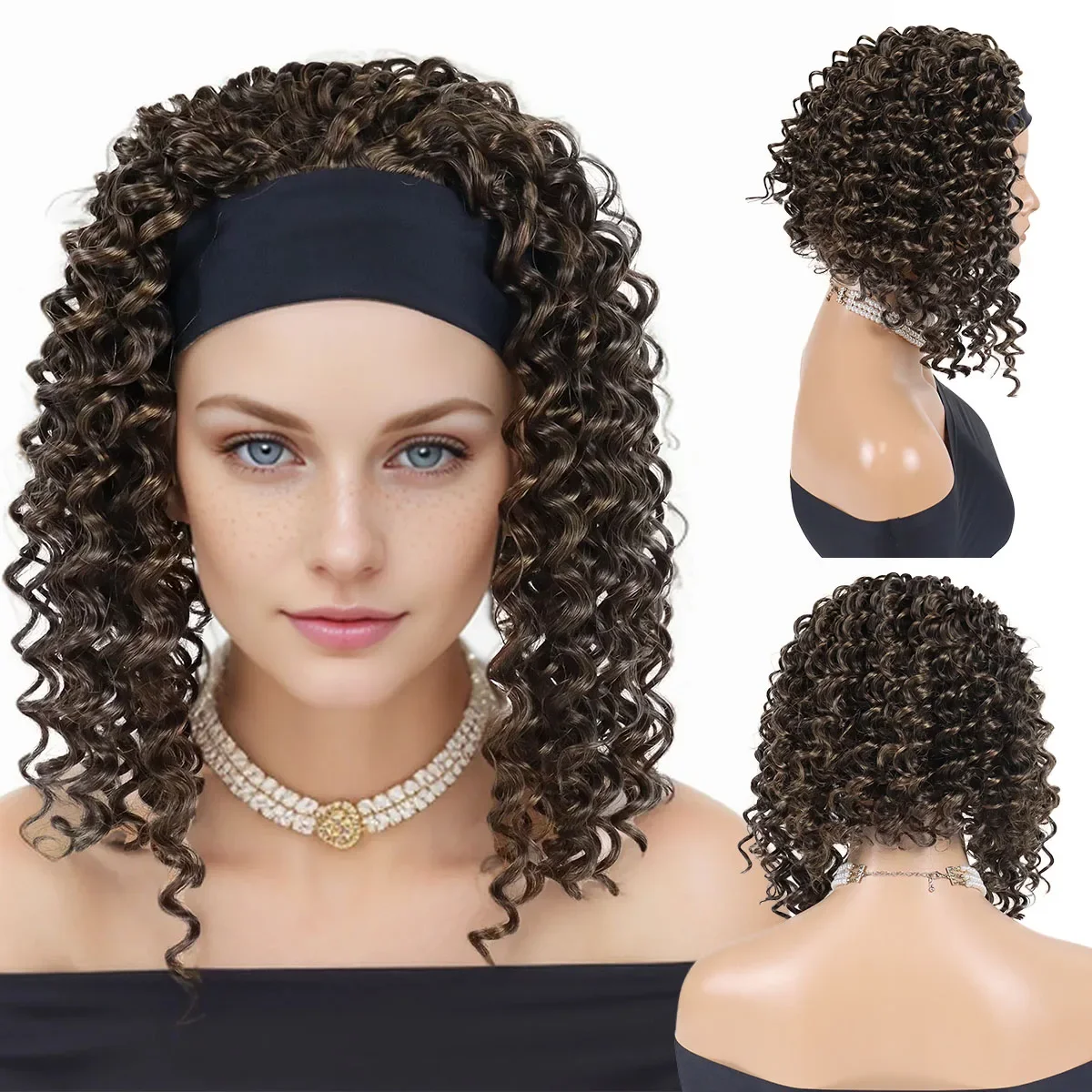 

Synthetic Brown Headband Wigs for Women Natural Curly Wig Short Hair Colly Wigs Water Wave Fluffy Styles Female Black,Grey Wig