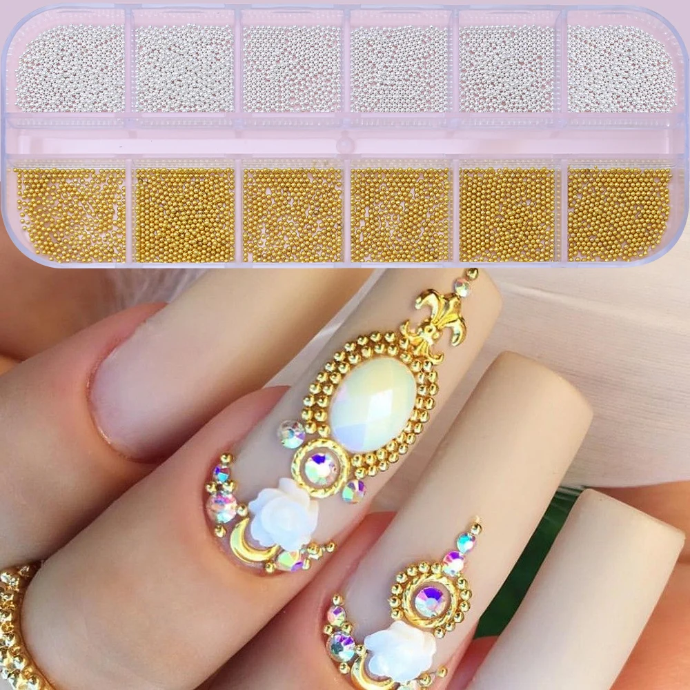 12 griglie Nail Caviar Beads Golden/Silvery Nail Art Metal Mini Round Steel Ball Beads Charms per unghie accessori per decorazioni fai da te