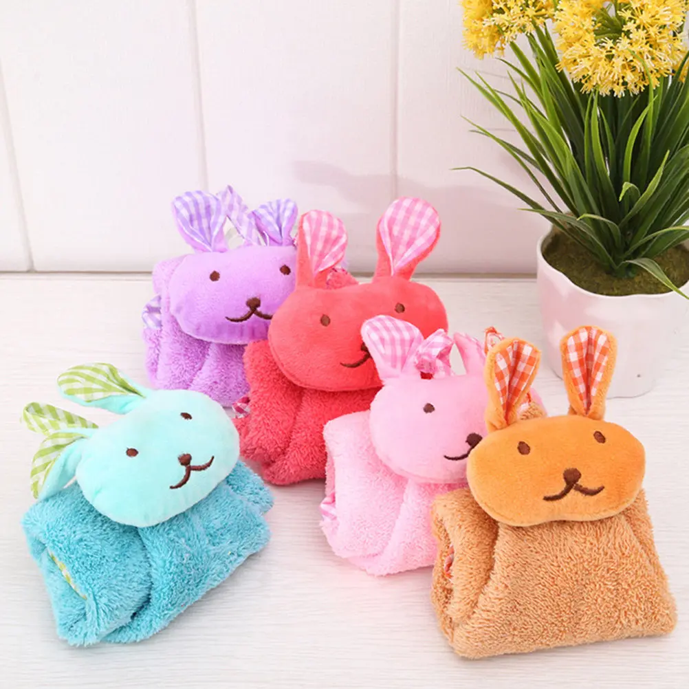 Rabbit Style Hanging Hand Towels Coral Fleece Fast Drying Soft Absorbent Dish Wash Cloth for Kitchen Bathroom Toilet Pink