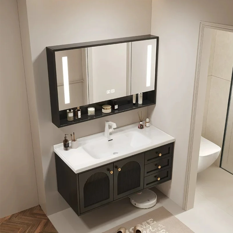 Classic French Style Dark Oak Bath Vanity Unit Fluted Cabinet Door Design with All-in-One Ceramic Wash Basin & Wall Mount