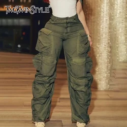 TWOTWINSTYLE Patchwork Poches Casual Pantalon Cargo Pour Femmes Taille Haute Épissé Boutons Streetwear Pantalon Large Femme Mode