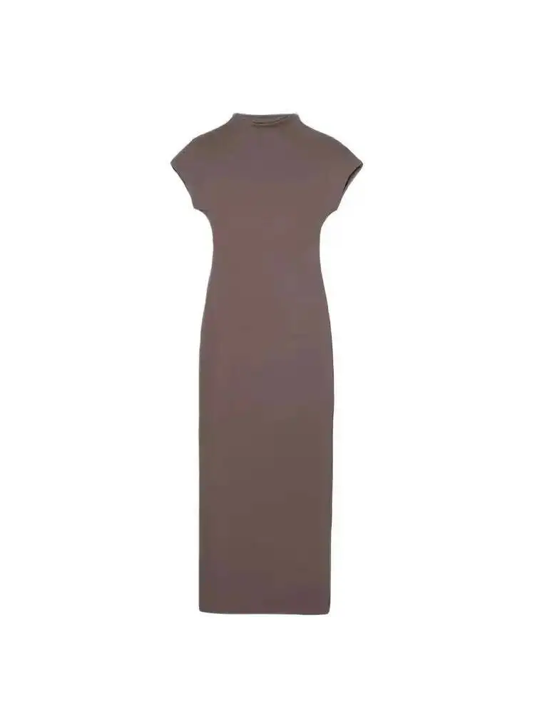 Camiseta vestido largo moda Mujer vestido Midi de punto ajustado Vintage cuello redondo manga corta Vestidos Mujer A3I5