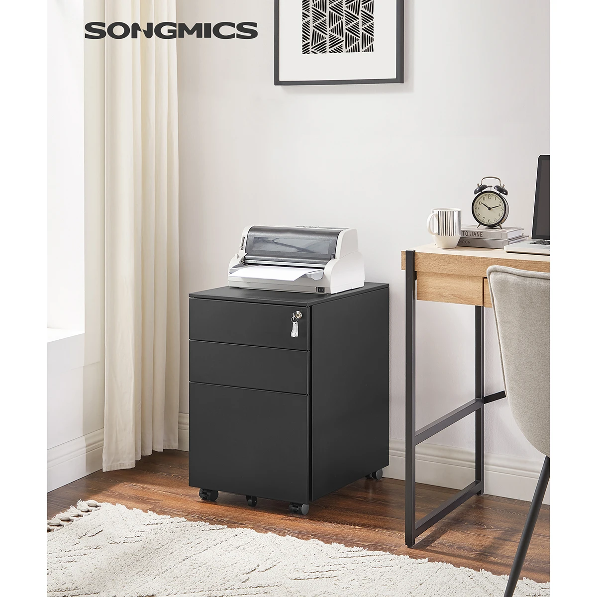 SONGMICS Mobile File Cabinet with 3 Drawers Lockable Steel Pedestal with Suspension File Hanging Rails, Fully Assembled