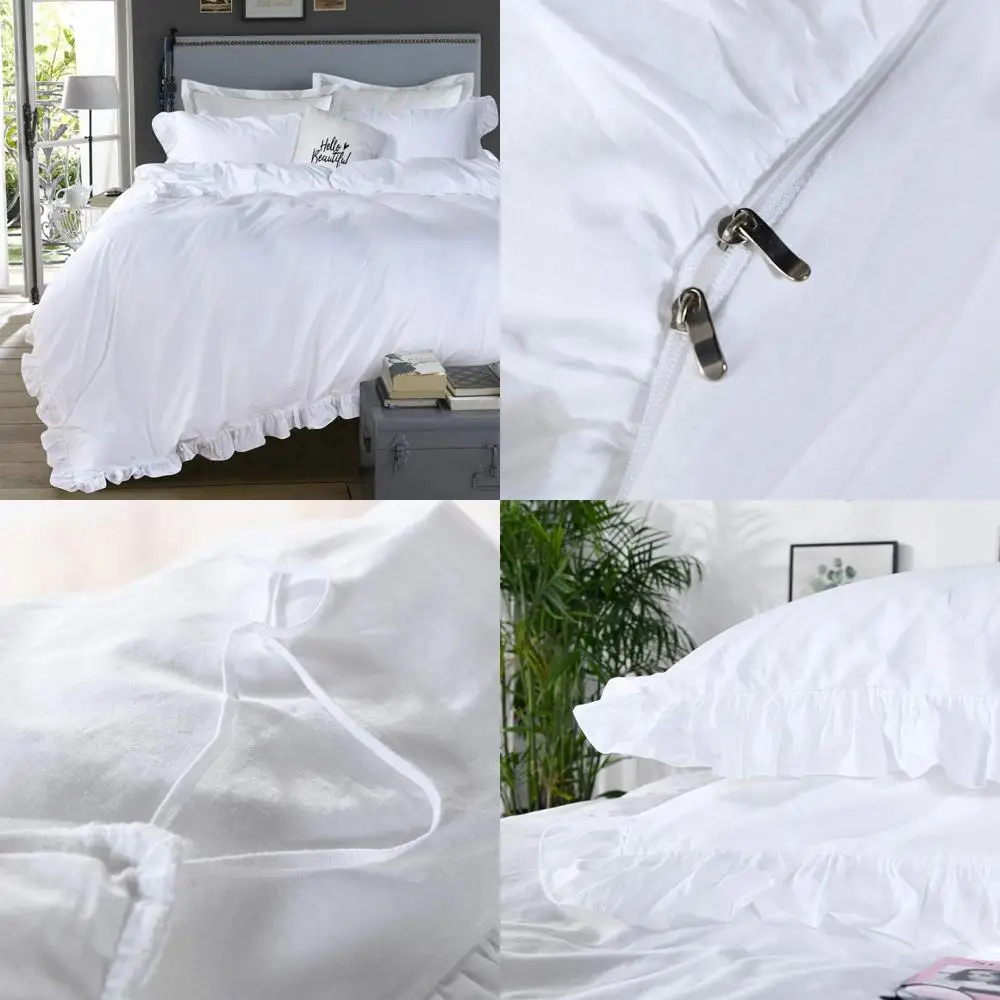 

Vintage White Ruffled King Duvet Cover Set, Shabby Chic Boho Farmhouse Bedding, Comforter Quilt Cover 3 Piece