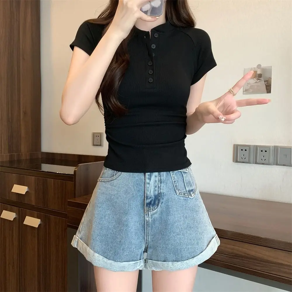

Korean Style Y2K Half Open Collar T Shirt Button Pullover Short Sleeve Crop Top Slim Fit Undershirts Simple T-shirts Women Girls