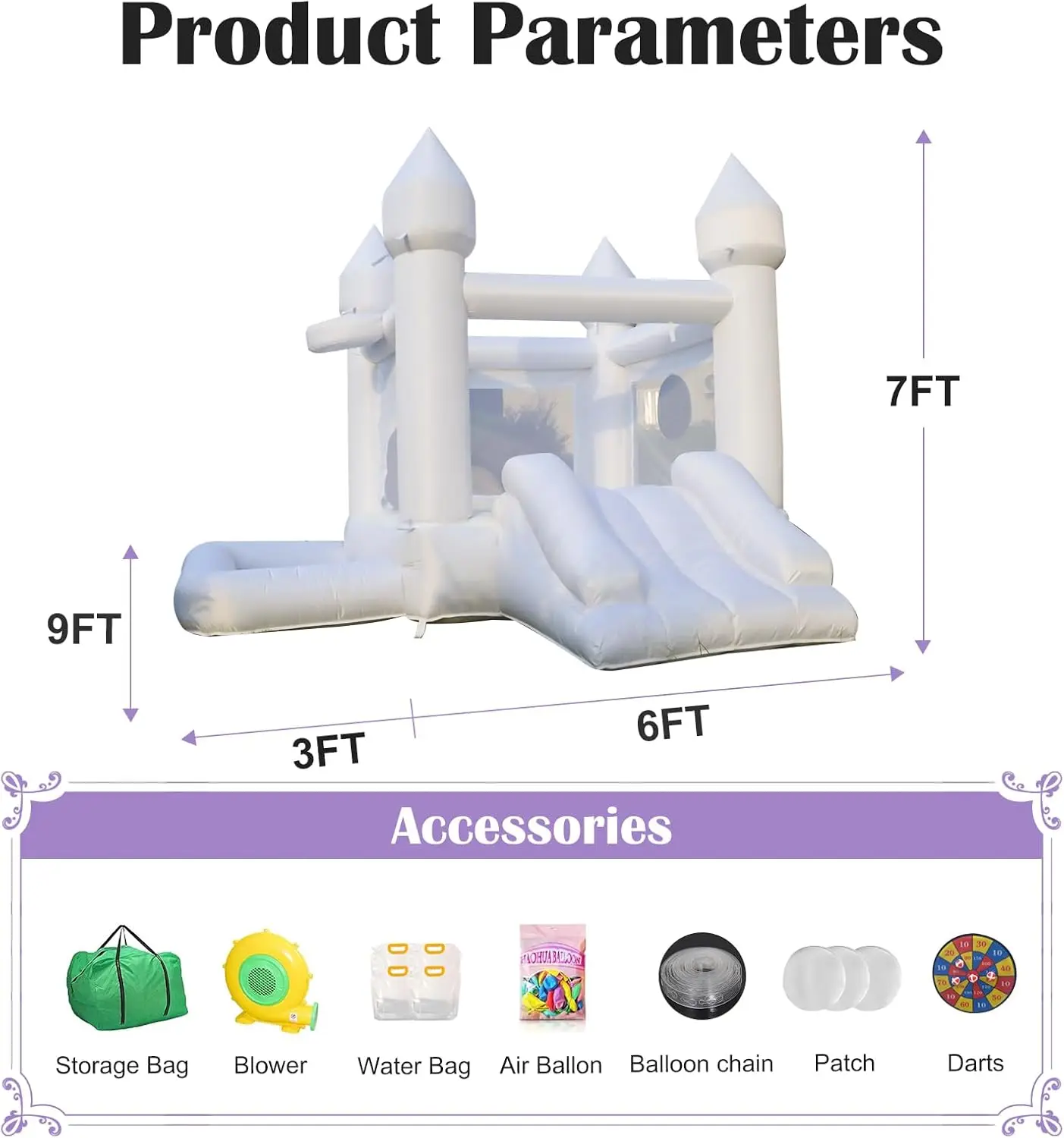 Wit bruiloft opblaasbaar springhuis met ventilator springhuis met glijbaan voor kinderfeest bruiloft familie kasteel 9ftL×9ftW×7ftH