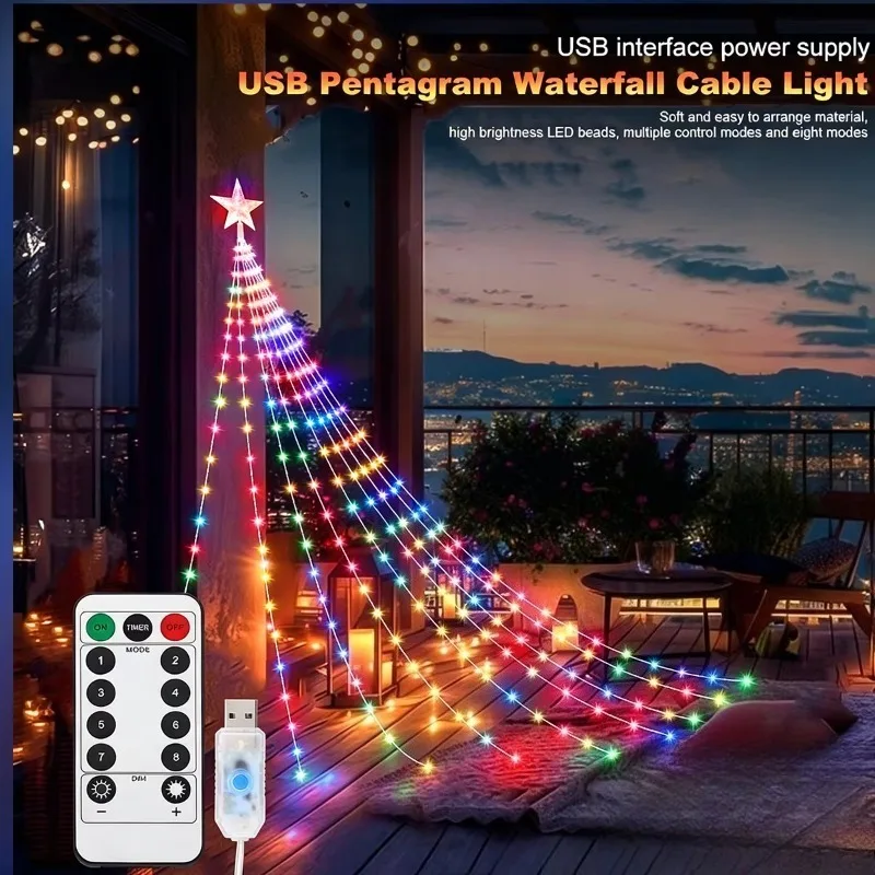 LED Outdoor Christmas String Lights USB Fairy Lights 8 Lighting Modes Suitable for Garden Christmas Tree Holiday Party Atmospher