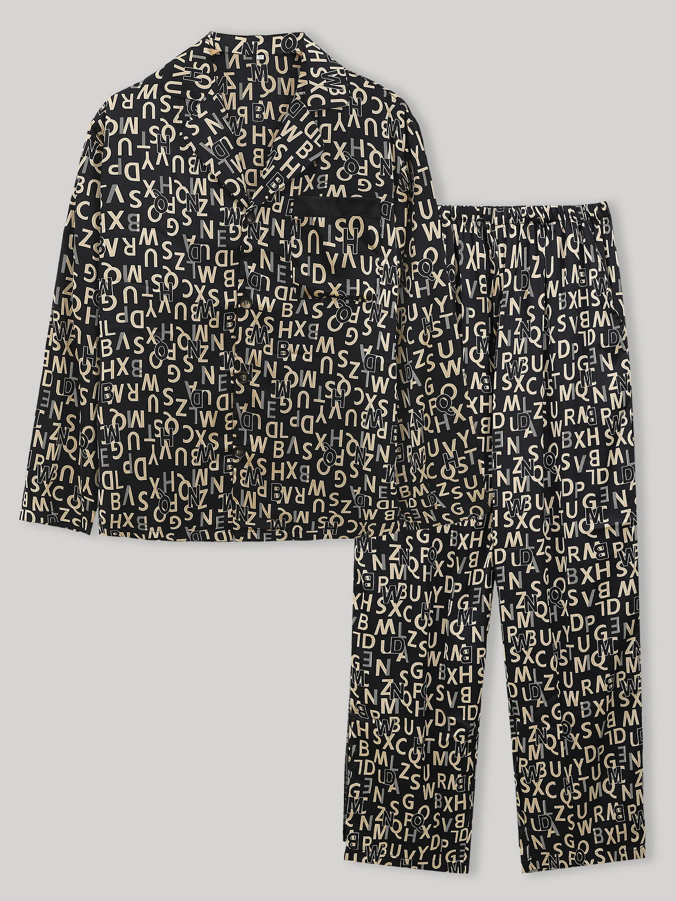 

Trendy All over Letter Print Loungewear Set Men Fall Winter Lapel Pocket Long Sleeve & Elastic Waist Pants 2 Piece