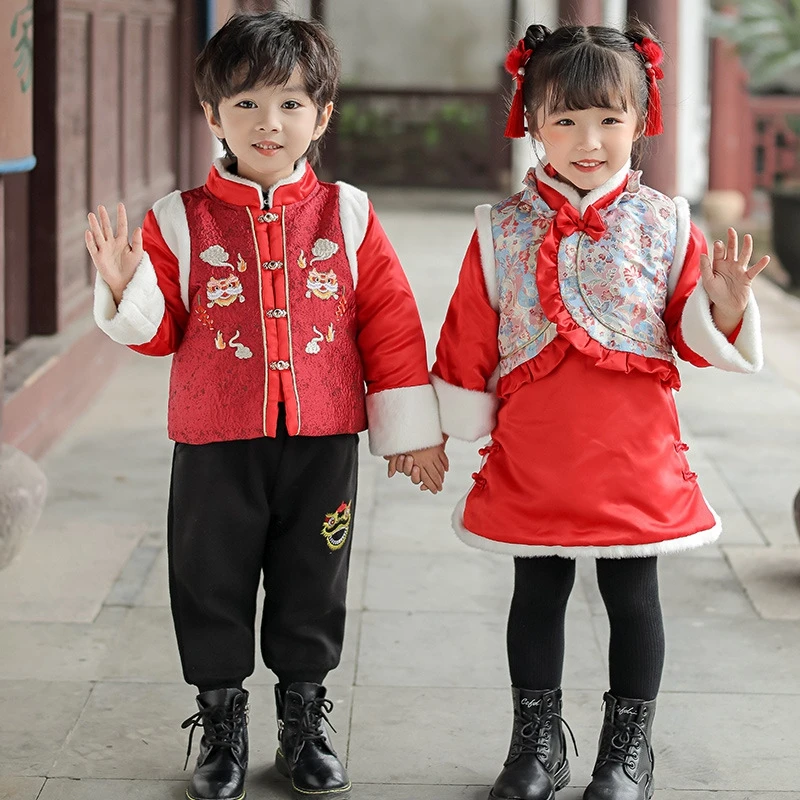 

Boys Tang Costume Children's Performance Clothes Hanfu New Year Greeting Clothes Girls Thick Cheongsam Winter New Year Dress