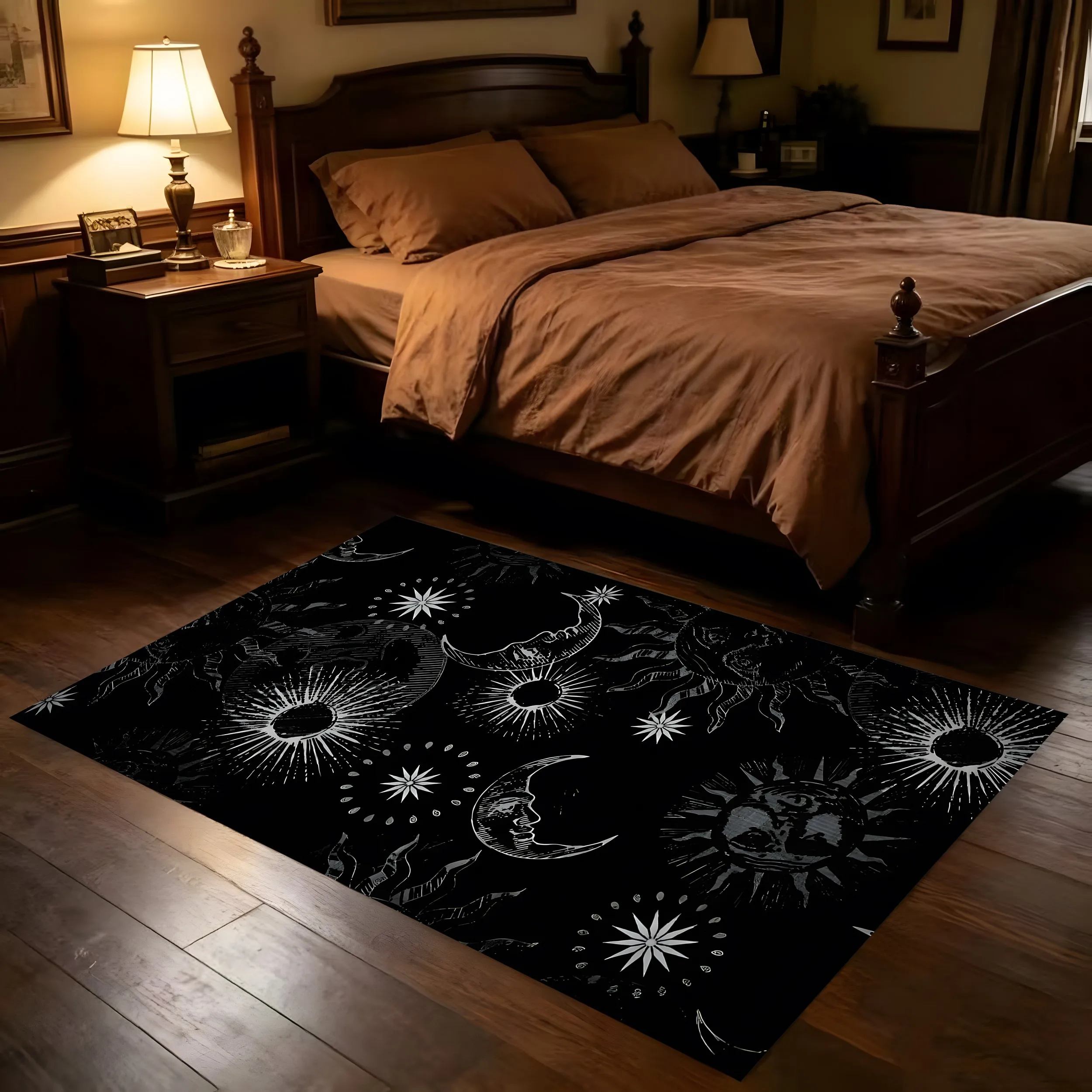 Black Background with Silver Sun, Moon, and Star Pattern, Dark Retro Style Halloween Velvet Rug, Suitable for Bedrooms, Living Rooms, and Guesthouses, Creating a Mysterious and Personalized Soft Furnishing Atmosphere