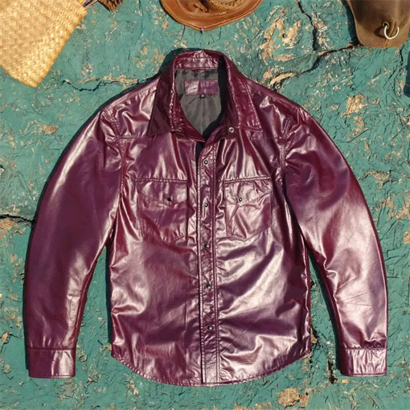 Bordeaux Wine Red Baby Calfskin Thin 0.7mm Top-Grain Burgundy YKK Pearl-Finish Button Shirt-Style Genuine Leather Jacket Unisex