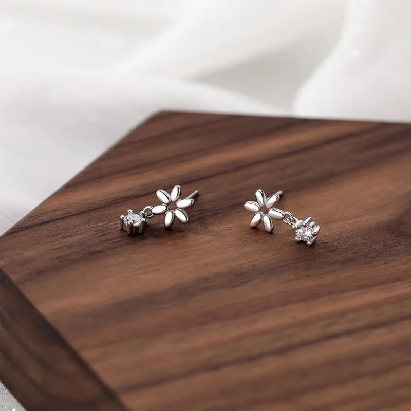 925 Sterling Silver  Flower Tassel Zircon Stud Earrings Women Creative Versatile Banquet Jewelry