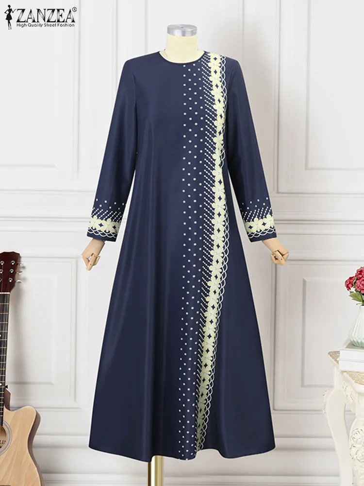 ZANZEA-vestidos de moda muçulmana para mulheres, vestido de verão maxi manga longa, Abaya Robe, Abayas estampadas florais vintage, Abaya islâmica