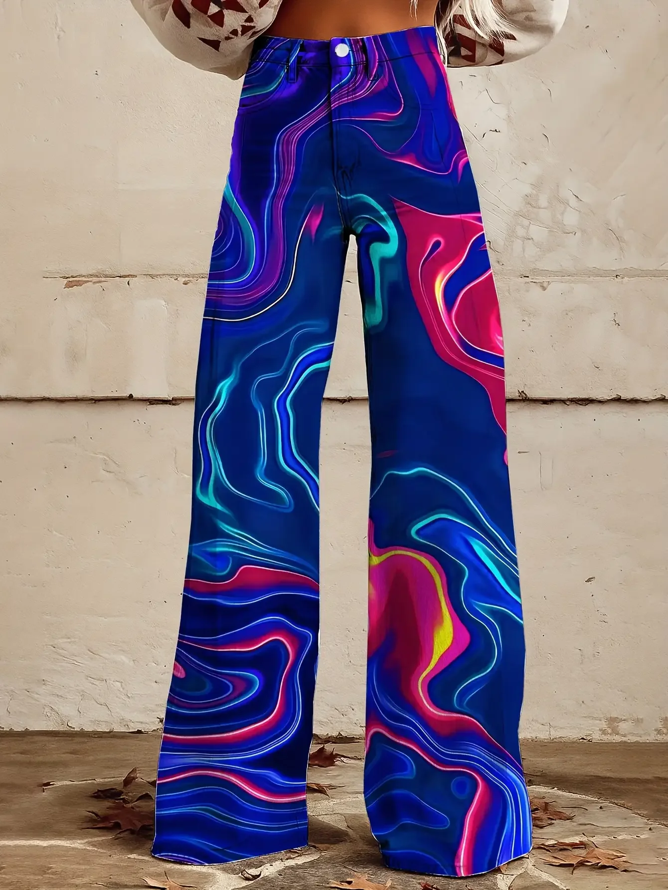  Fashionable and casual 3D printed loose high waisted flared pants imitating denim fabric