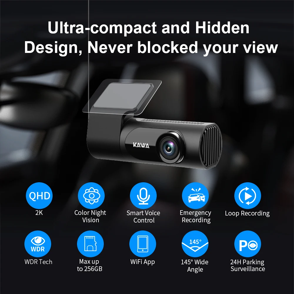 KAWA Car DVR D6 Dash Camera for Car 1440P Video Recorder EN RU FR JP Voice Control 24H Parking Mode App Control Night Vision images - 6