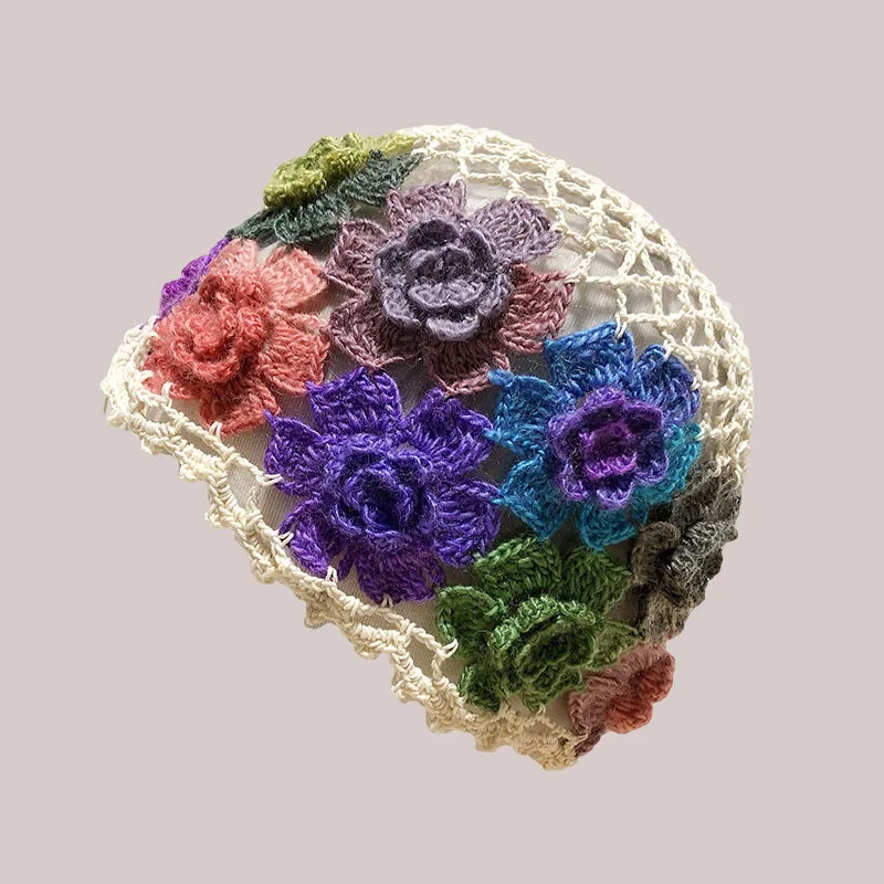 Spring and Summer New Style Literary and Artistic Colorful Flowers Hollow Baotou Cap Female Sweet Fashion Knitting Wool Cap Melo