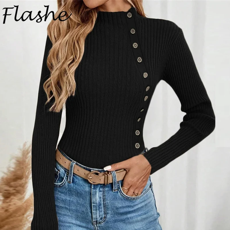 Autumn Winter Turtleneck Sweater Women Elegant Soft Comfortable Stretch Jumpers Women Shirt Ribbed Button Long Sleeve Blouses