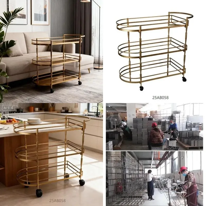 Custom Modern Luxury Gold Metal Hotel Trolley Foldable Commercial Furniture Bar Cart Glass Shelf 4 Wheels 3 Tier Catering