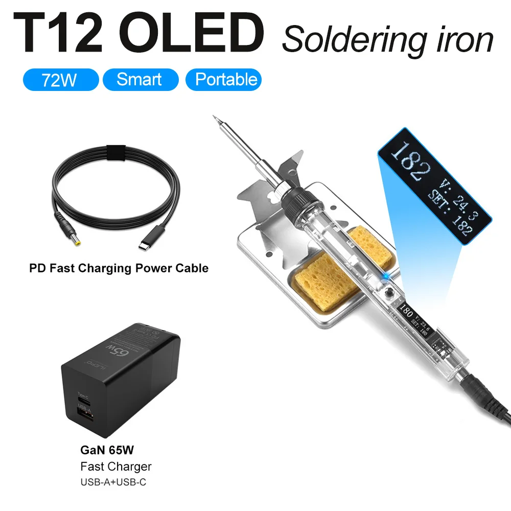 

T12 OLED 72W Portable Mini Electric Soldering Iron T12-B2 BC2 KU C1 Tips Welding Station Tool With DC5521 65W GaN PD Charger