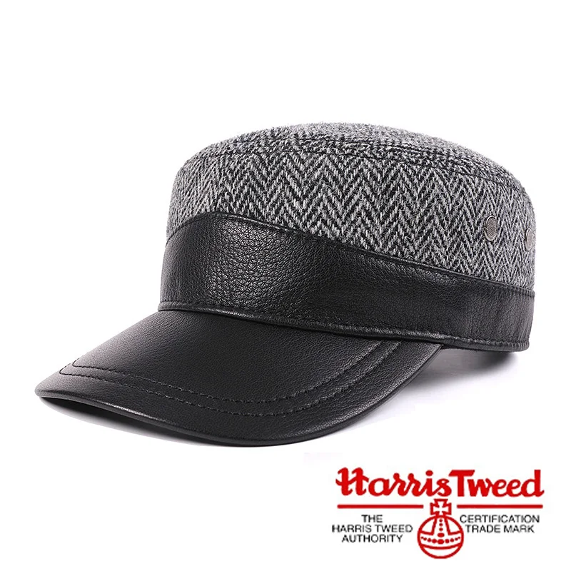 

Premium Quality Imported Harris Tweed Baseball Cap for Men 100% Pure Wool Goatskin British Genuine Leather Flat-Top Hat